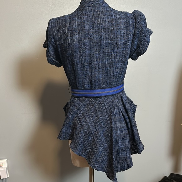 Nanette Lepore Blue Tweed Belted Asymmetrical Blazer size 4 - Picture 2 of 16